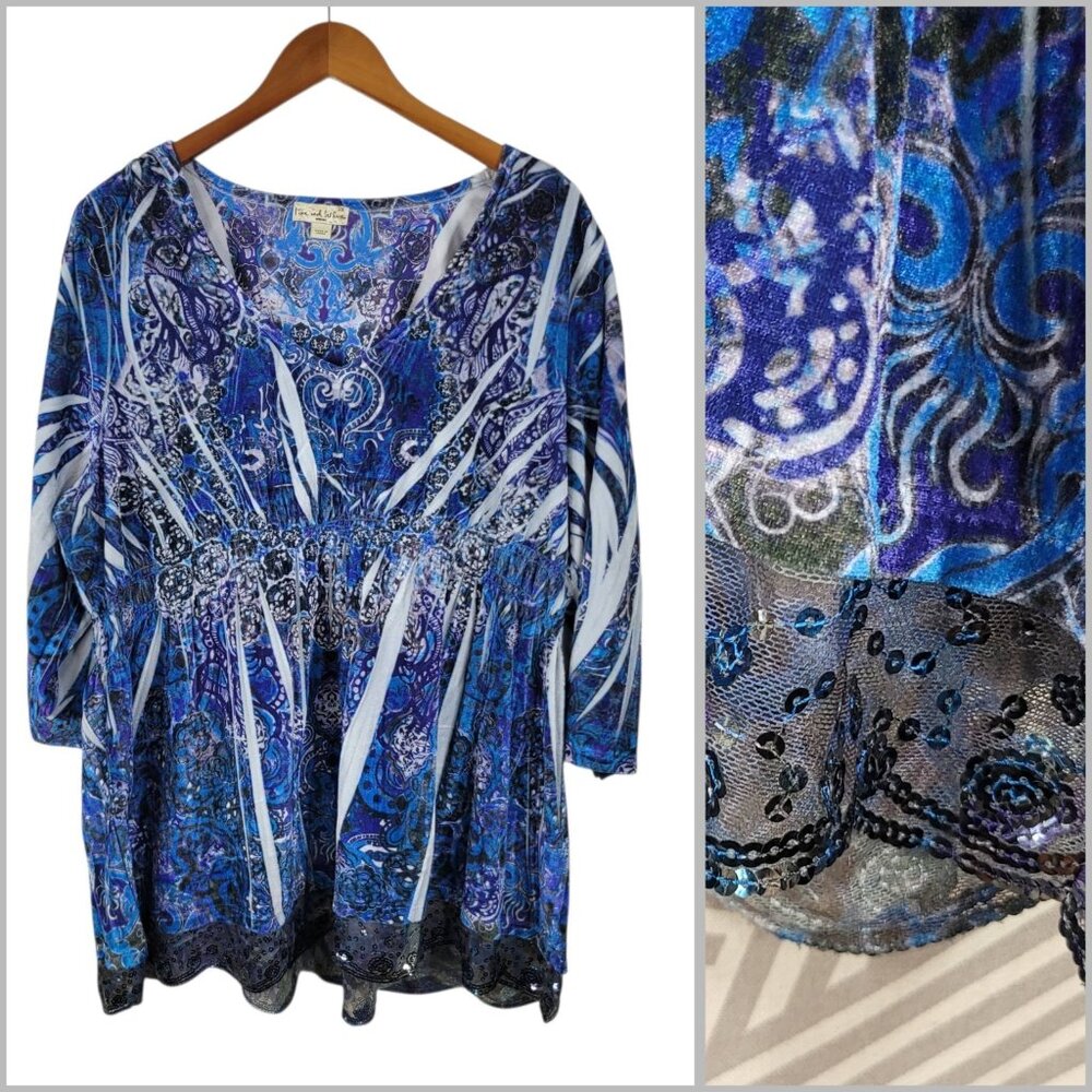 NEW Y2K Live & Let Live Tunic Top Plus 3X Velvet Lace Trim Rock Romantic Blue
